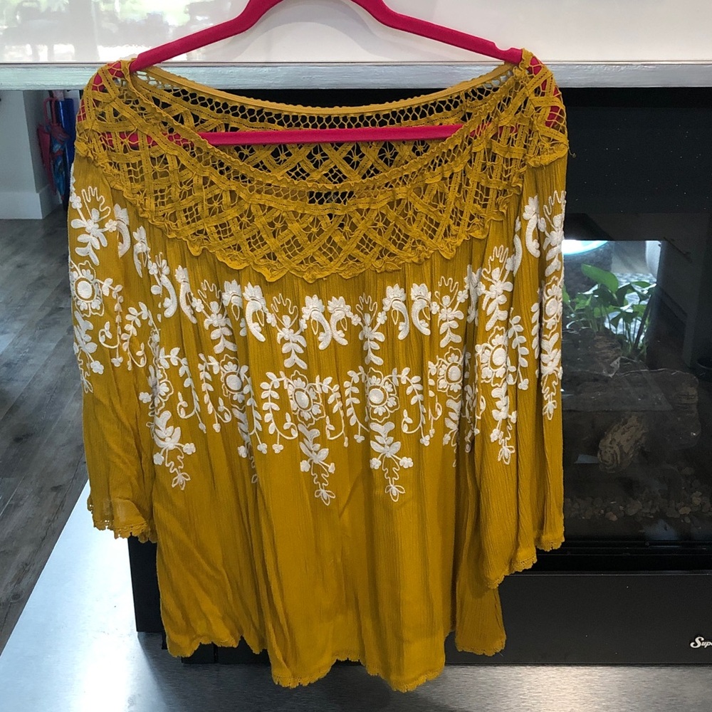 Women's Mustard Yellow Crochet Lace Top